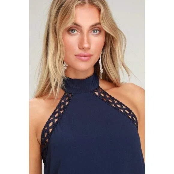 Lulus Dress Any Sway Shape Form Open Back Halter Shift Mini Dress Navy Blue XS - Picture 3 of 7